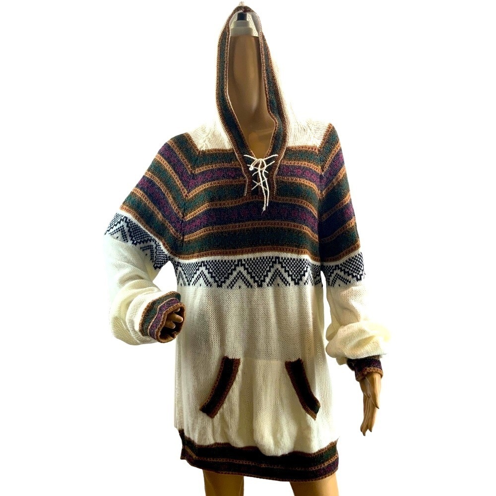 Artesania Cream Striped Kangaroo‎ Pocket Baja Hoodie Sz Med Western Indie Sleaze